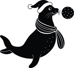 silhouette vector illustration features a charming cute animal wearing a Santa hat and scarf, drawn as a clean outline on a white background