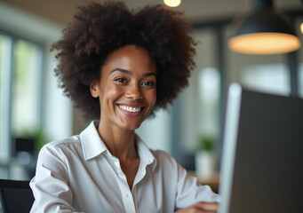 happily smiling ethnic businesswoman afro hair works office