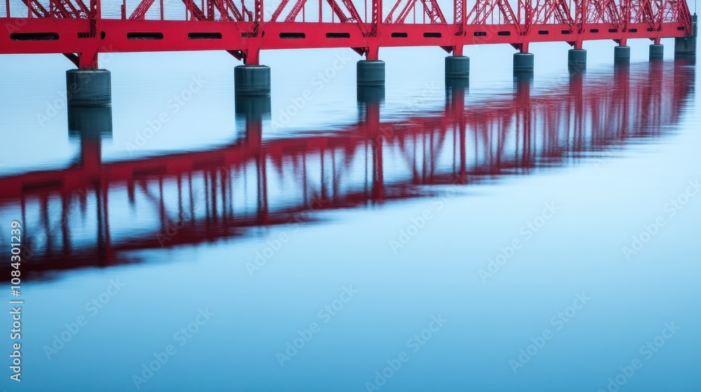 Poster a red bridge reflected in calm water, creating a serene and symmetrical composition.