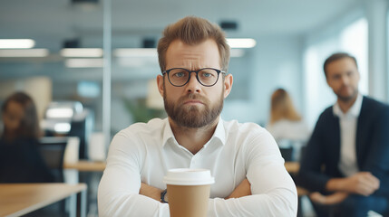 Portrait of a serious businessman holding a coffee cup, sitting at his desk with arms crossed, looking at camera, colleagues working in the background