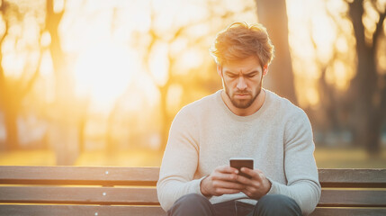 Young man looks upset while checking his smartphone for bad news in a park at sunset
