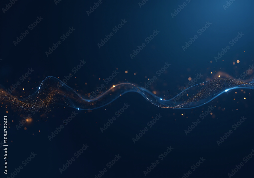 Poster navy blue background features minimalistic abstract tech elements flowing gold particles