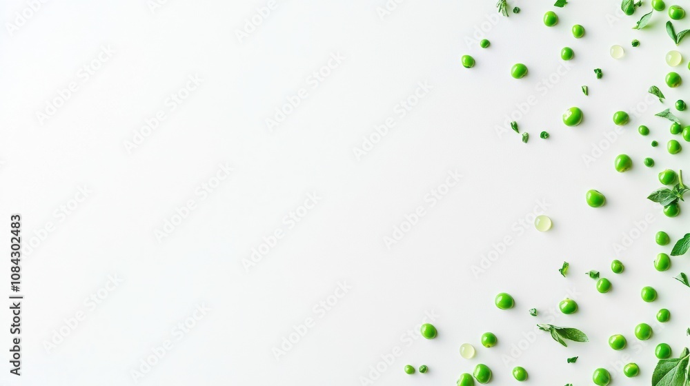 Poster scattered green peas and drops of juice create a vibrant display on a bright white background, showc