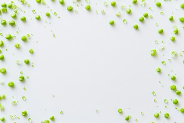 Obraz premium Green peas and droplets of juice are artfully scattered on a clean white background, highlighting freshness and culinary creativity. Generative AI