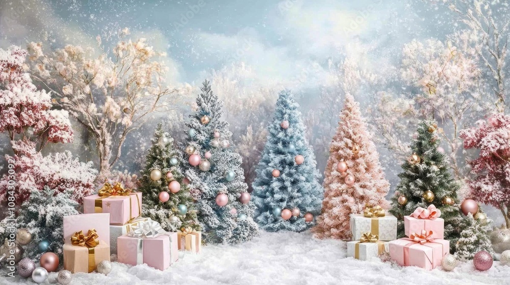 Aufkleber a christmas tree display with a variety of trees and presents