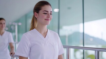 Home caregiver and senior woman concept. Rehabilitation Exercise Assistance in a Modern Facility