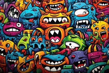 Fototapeta premium Monster Graffiti Background, Colorful graffiti cartoon monster characters background, cartoon characters Graffiti Background, Graffiti Background, AI Generative
