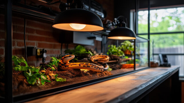 A professional snake care setup featuring a custom terrarium, heat lamps, and a variety of food options for different snake species.