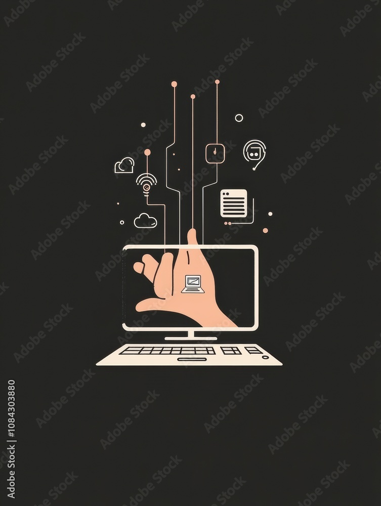 Poster A hand extends from a computer screen, interacting with diverse icons representing settings and security in a digital world. Generative AI