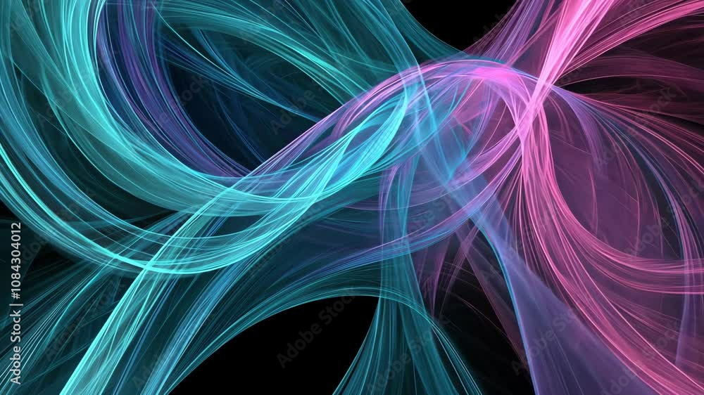 Poster intertwined teal and pink translucent lines flow dynamically across a dark background