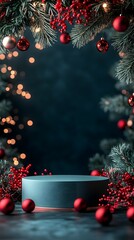 cylindrical podium for displaying cosmetics and product with Christmas decorations, soft light