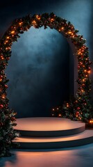 cylindrical podium for displaying cosmetics and product with Christmas decorations, soft light