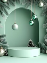 cylindrical podium for displaying cosmetics and product with Christmas decorations, soft light