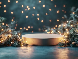 cylindrical podium for displaying cosmetics and product with Christmas decorations, soft light