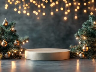 cylindrical podium for displaying cosmetics and product with Christmas decorations, soft light
