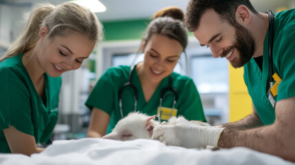 Fototapeta premium A team of pet rehabilitation specialists working together to help an injured exotic animal regain its mobility, in a clean, professional clinic.