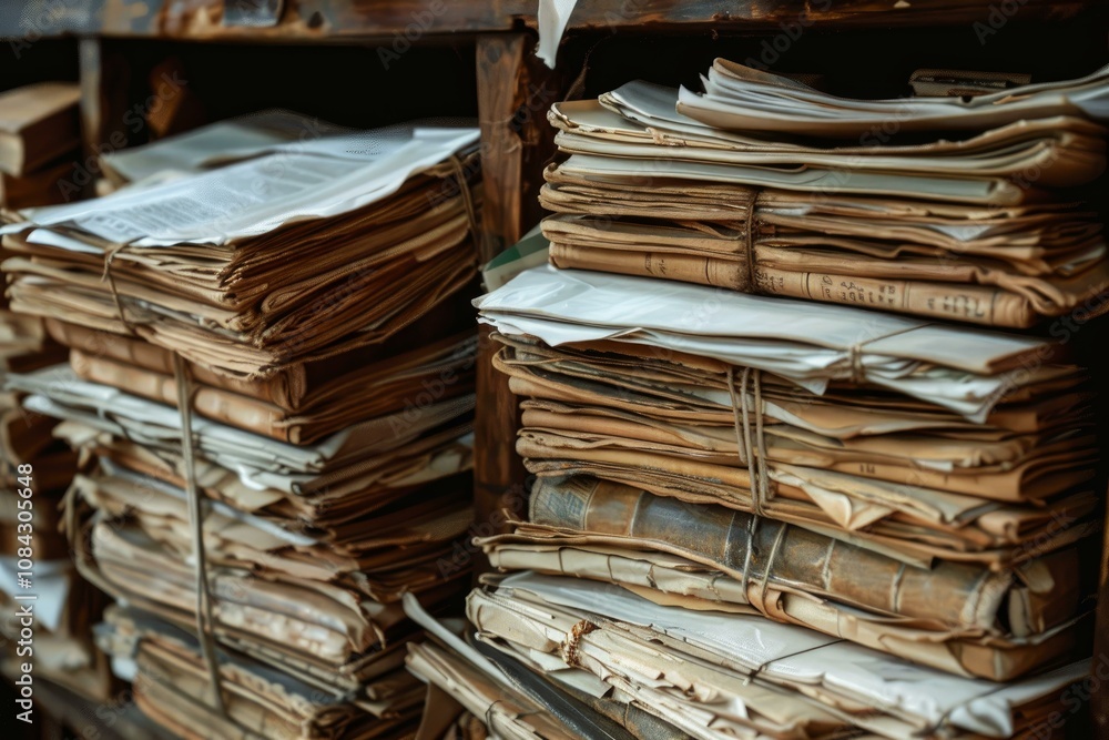 Poster stacks of old papers tied with string are gathering dust on a shelf