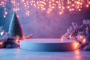 cylindrical podium for displaying cosmetics and product with Christmas decorations, soft light