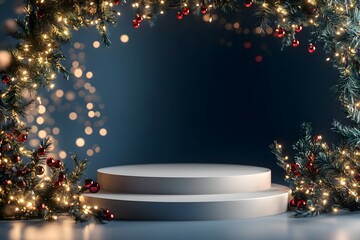 cylindrical podium for displaying cosmetics and product with Christmas decorations, soft light