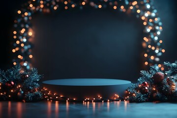 cylindrical podium for displaying cosmetics and product with Christmas decorations, soft light