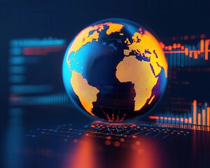 Geopolitical risk assessment, holographic globe with economic indicators, 3D illustration