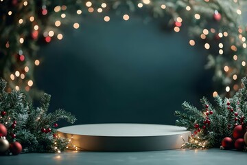 cylindrical podium for displaying cosmetics and product with Christmas decorations, soft light