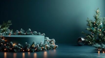 cylindrical podium for displaying cosmetics and product with Christmas decorations, soft light