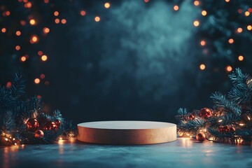cylindrical podium for displaying cosmetics and product with Christmas decorations, soft light