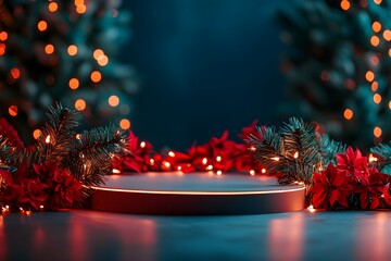 cylindrical podium for displaying cosmetics and product with Christmas decorations, soft light
