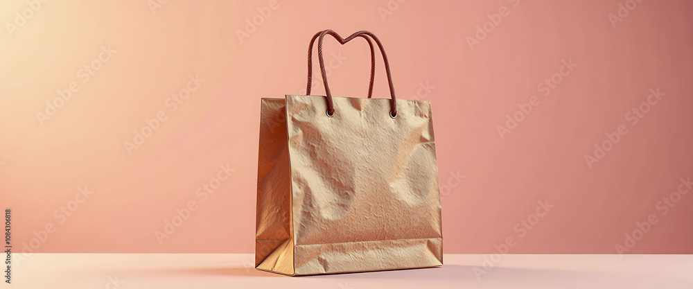 Poster a brown paper bag with a handle is sitting on a table. the bag is empty and has a brown color