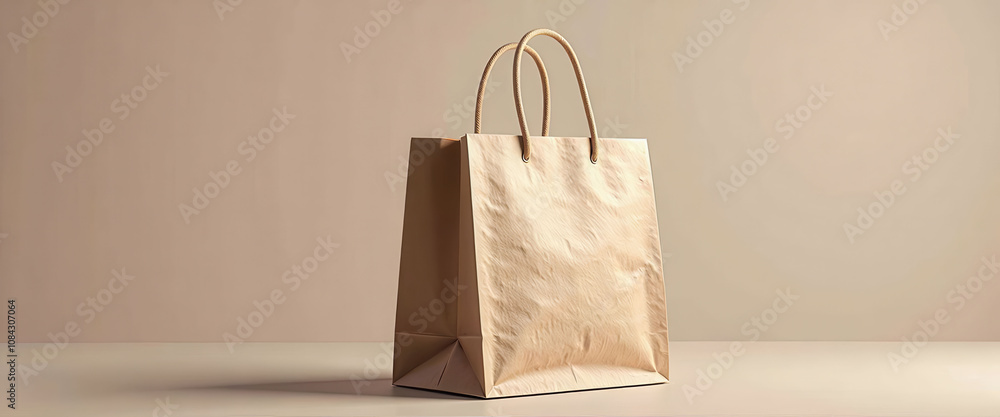 Poster a brown paper bag with a handle is sitting on a table. the bag is empty and has a brown color