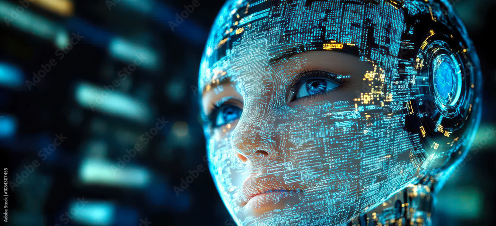 Poster futuristic ai concept with digital human and programming interface visualization