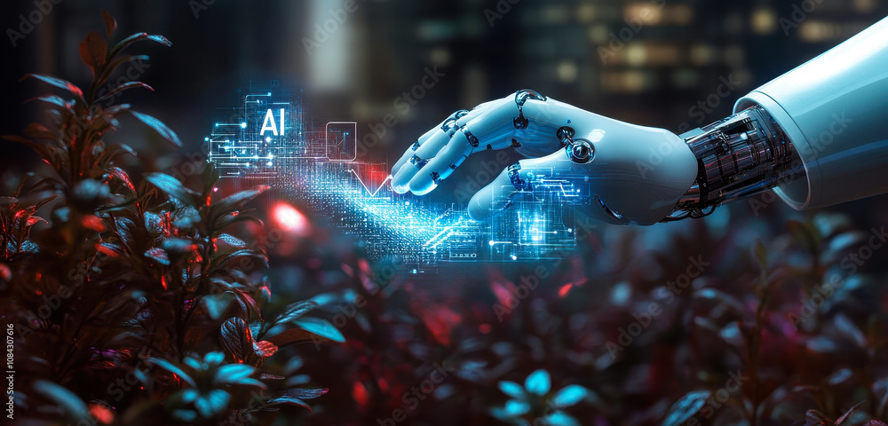 Poster robot and human hand connecting in ai-driven global network transforming future business