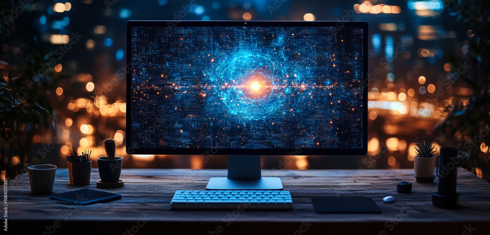 Poster businessman engaging with ai technology on desktop for future problem solving and deep learning