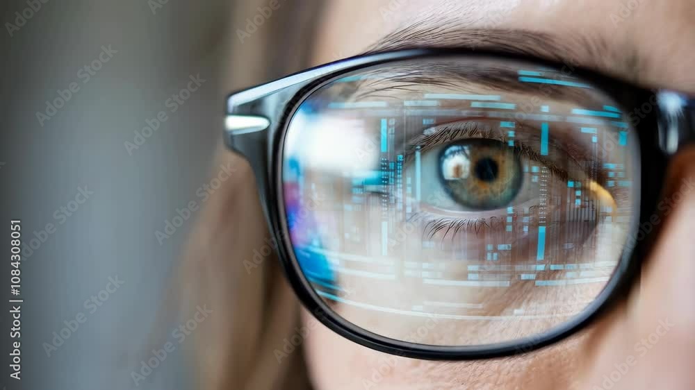 Poster close-up of a person's eye reflected in glasses with digital data patterns.