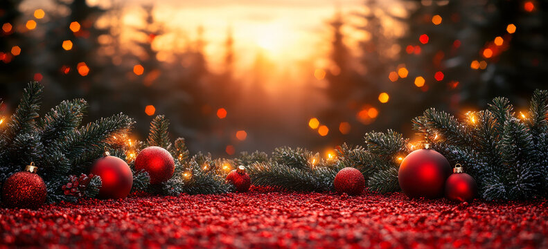 Festive Christmas Border with Pine Branches, Baubles, and Lights on Red Background for Holiday Promotions