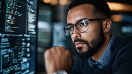 Obraz premium A security expert demonstrating the use of a new cybersecurity tool to analyze and mitigate potential threats within a company network.