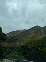Tranquil Mountain Road with Lush Greenery and Overcast Sky