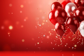 Red Balloons Wallpaper, helium balloons Background, Red balloons celebration background with copy space, Balloons with confetti Background, International Women's Day, Mothers Day, AI Generative