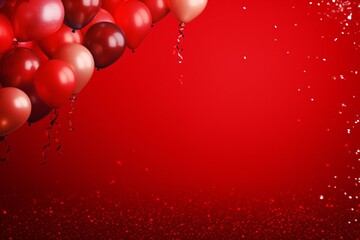 Red Balloons Wallpaper, helium balloons Background, Red balloons celebration background with copy space, Balloons with confetti Background, International Women's Day, Mothers Day, AI Generative