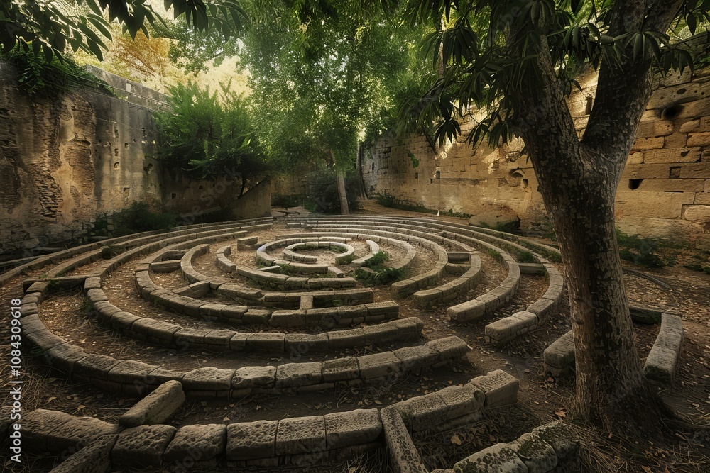 Poster sunlight illuminating a stone circular labyrinth surrounded by trees and walls
