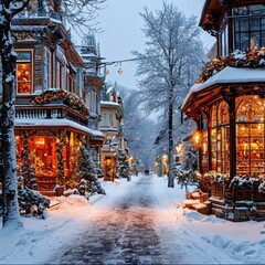 Christmas. Houses decorated with lights.