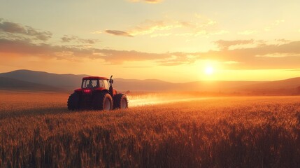 Fototapeta premium A serene landscape featuring a tractor working in a golden field during sunset, highlighting agriculture and rural life.