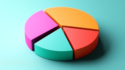 Obraz premium A minimalist 3D pie chart featuring vibrant, colorful segments in pink, teal, orange, and red, set against a light teal background.