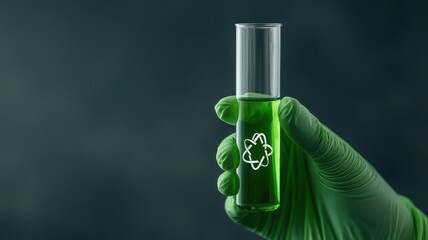 A hand holding a test tube with green liquid, showcasing environmental conservation themes.