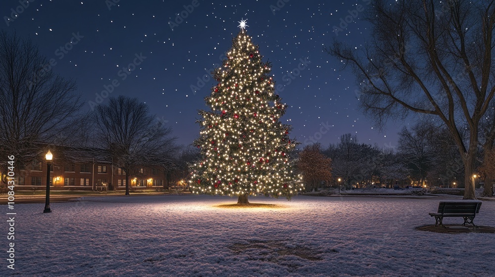 Poster a large christmas tree is lit up in a snowy field