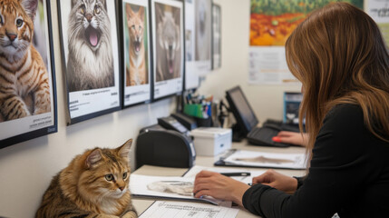 A professional pet insurance office with posters of exotic animals and staff explaining insurance policies to potential customers.