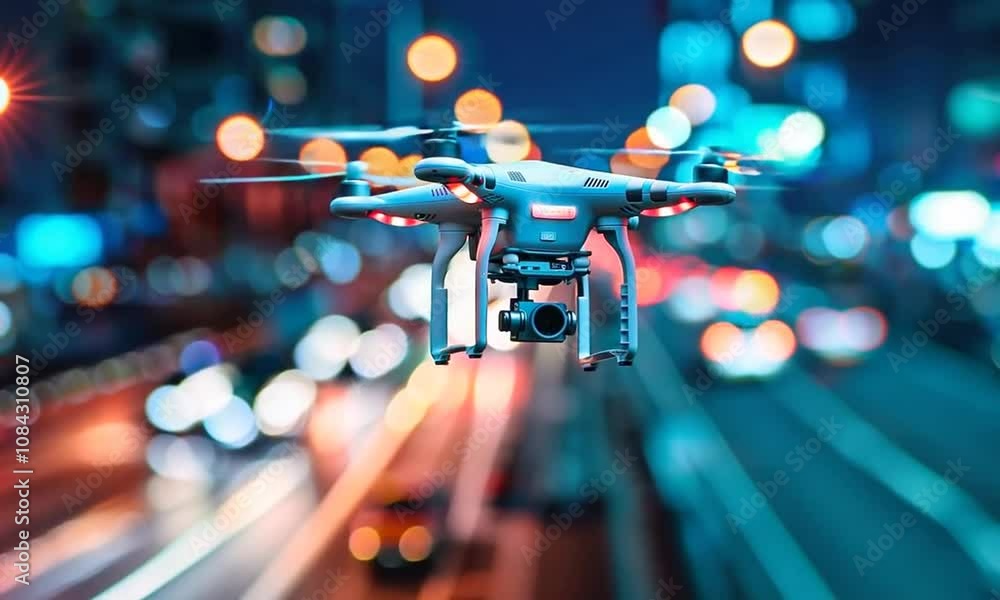 Poster drone navigating through a complex urban landscape, technology and precision involved in safe and ef