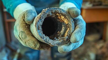Close-up of a worker's gloved hand holding a dirty pipe