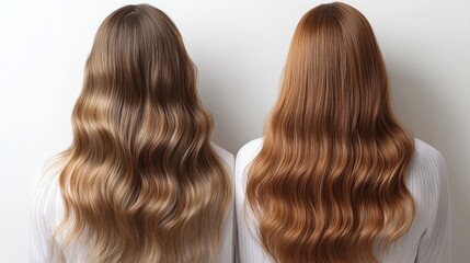 Fototapeta premium A side-by-side comparison of two hairstyles, showcasing different textures and colors, highlighting the beauty of wavy hair.